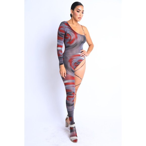 Women Paint Printed One Sleeve One Leg Tie Detailed Jumpsuit Sexy Jumpsuit - Picture 7 of 15